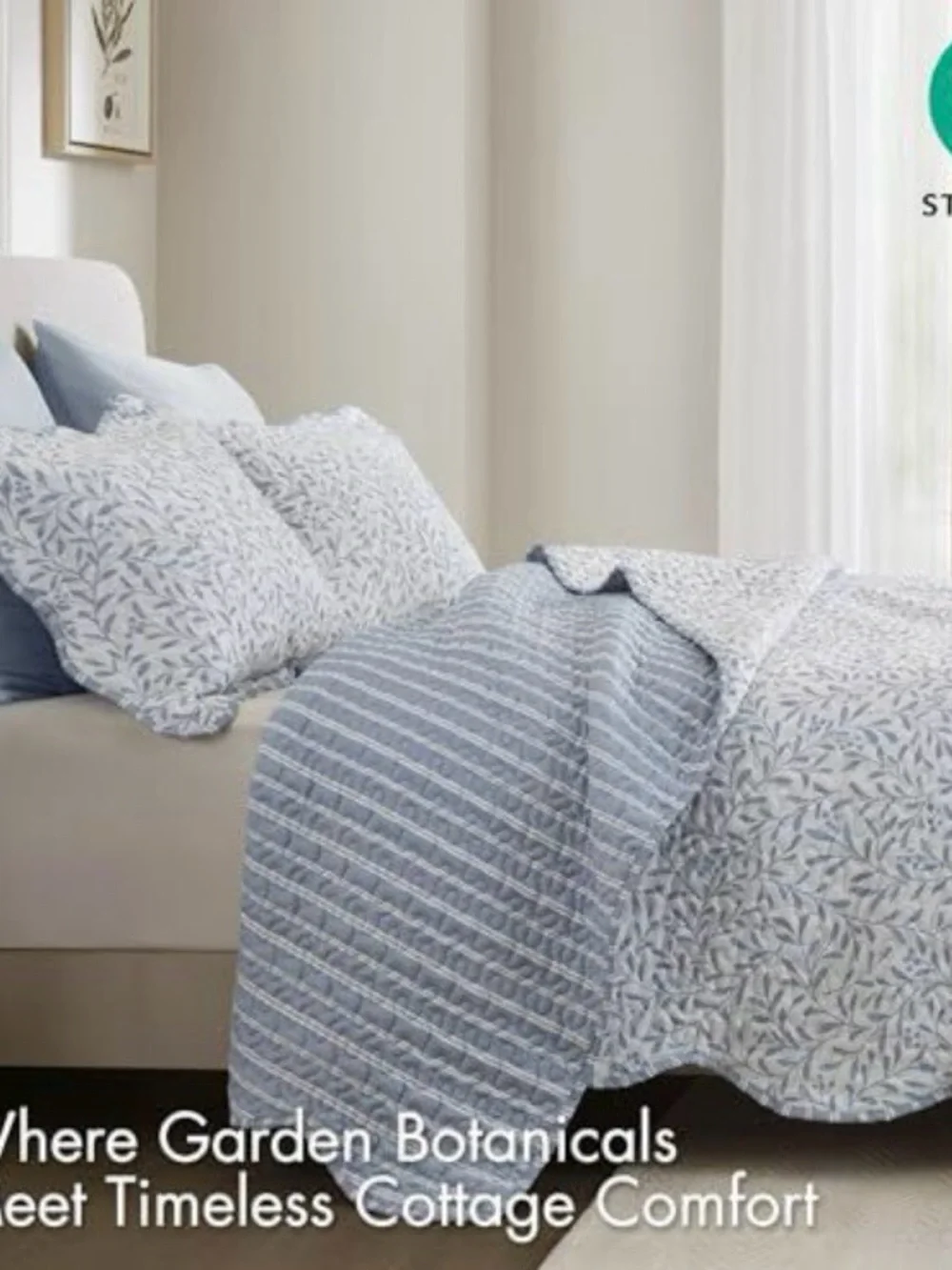 Madison Park Light Blue and White Leaf-Print Quilt Set